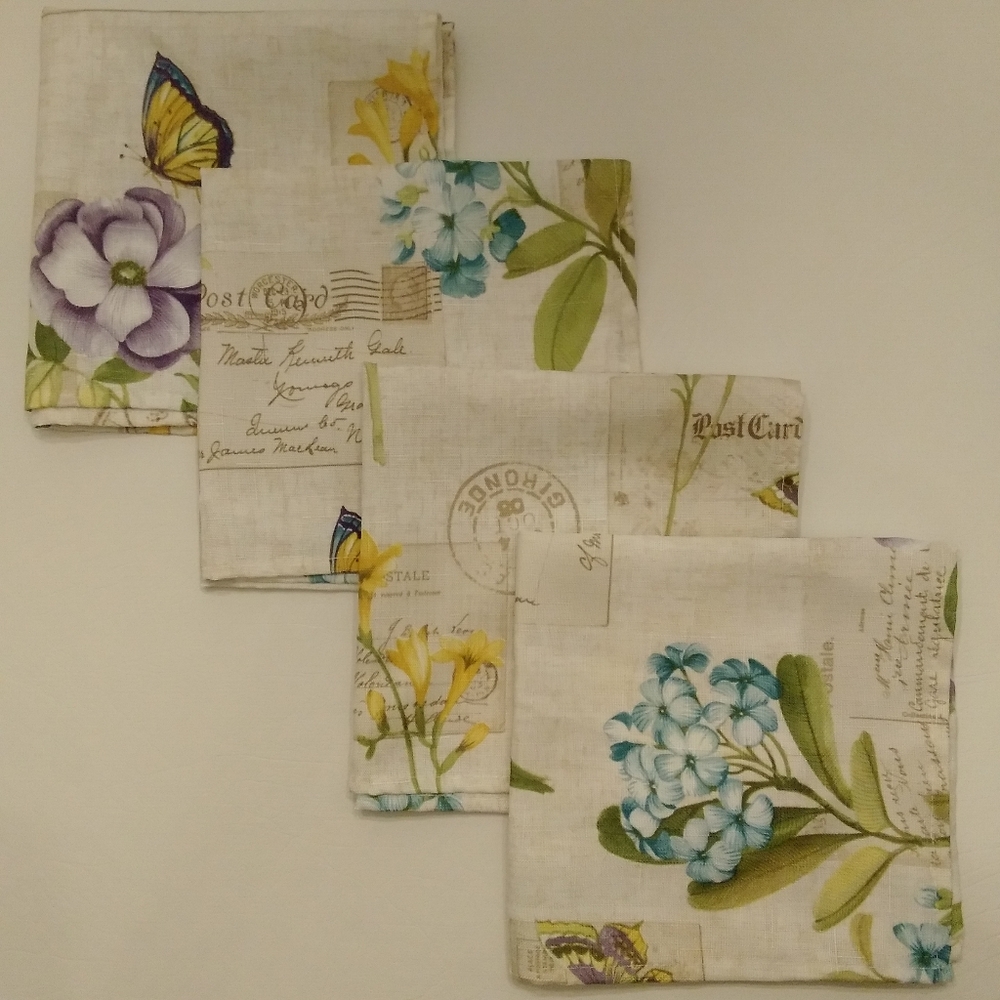 Elrene Botanical Blossom Cloth NAPKINS Set of 4 Floral Butterfly Postmark ~17x17